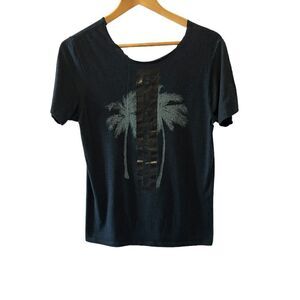 Dark Blue Metallic “Blessed” Graphic Print Jagged Neck Edge Short Sleeve Tee M